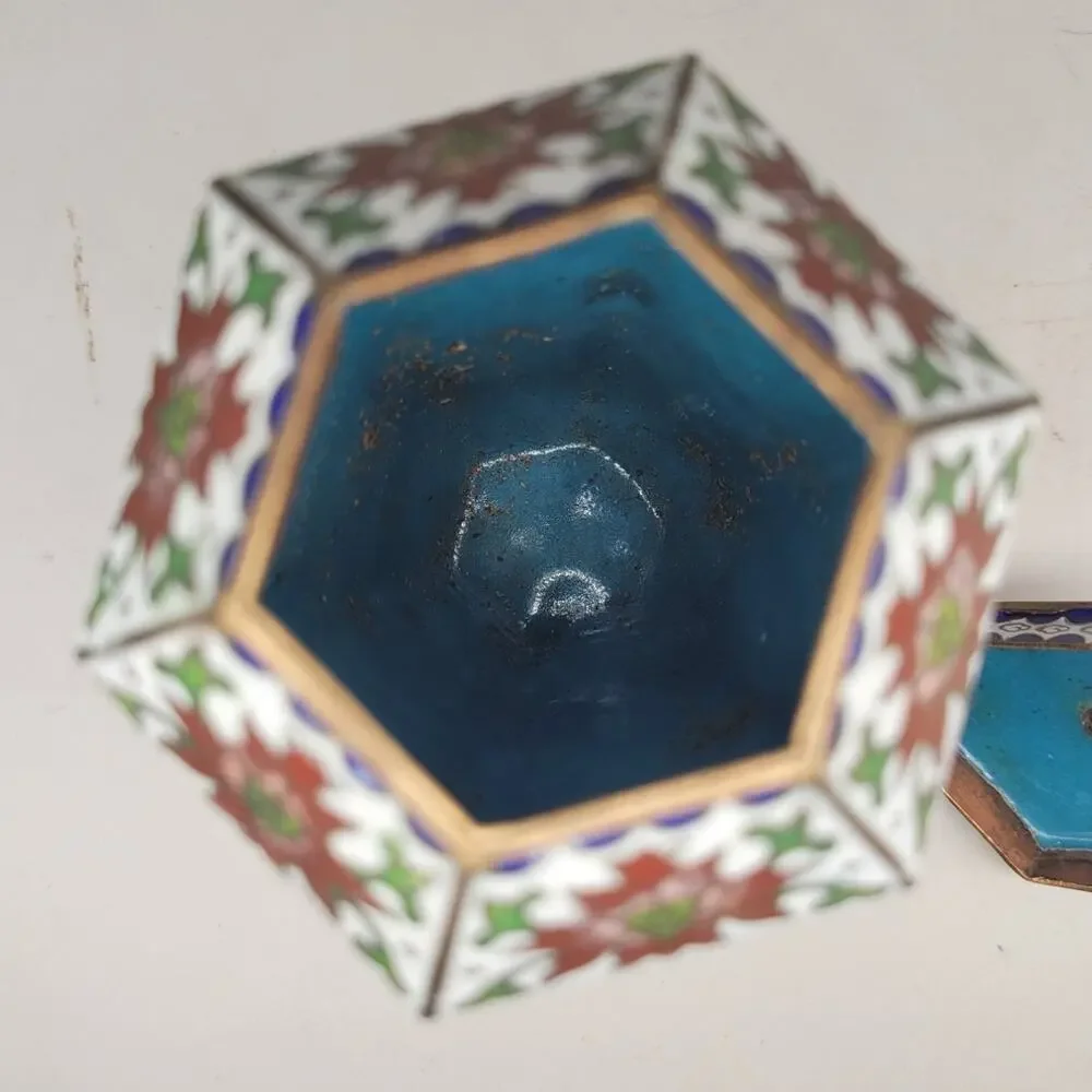 Vintage Chinese Cloisonné Blue Peony Butterfly Hexagonal Lidded Ginger Jar Decor